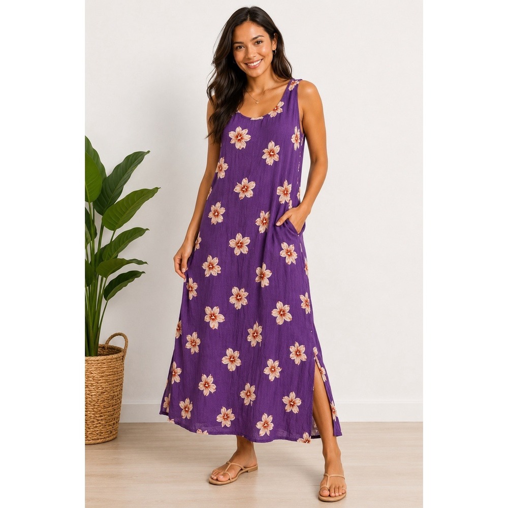 Pineapple Moon Hawaiian Purple Floral Rayon Tank Dress S/M Beach Resort Tropical